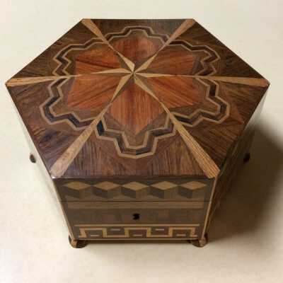 Hexagon-shaped footed wood box of the Martin family, c. early 1900s