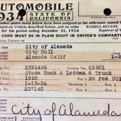 Vehicle Registration Card Studebaker Hook & Ladder #6 truck, 1934