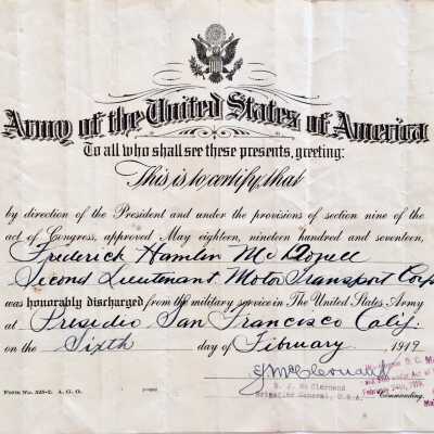 Honorable Discharge papers awarded Frederick Hamlin McDonell, February, 1919