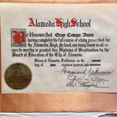 Alameda High School Diploma of Gray Cowan Boyce, 1917