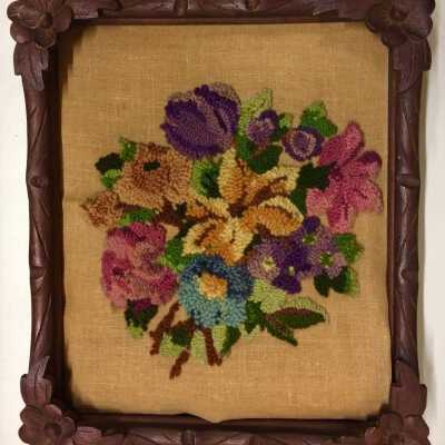 Framed wool needlework flower picture,, c. 1870s