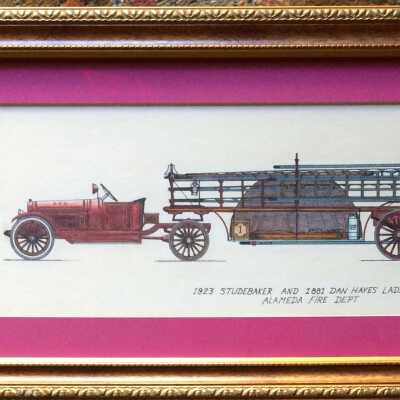 Drawing A.F.D. Studebaker and Ladder Truck, by Phil Da Costa, 1967