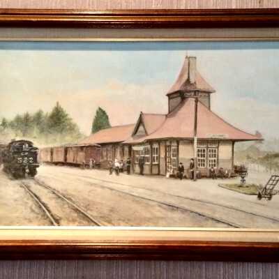 Oil Painting of Railway Station after a photo, by Leroy Nelson, c. 2000