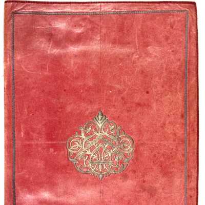 Red leather letter folder with silver thread emblem, c. 1860