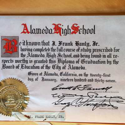 Alameda High School Diploma and cover of Jack Hanly, 1937