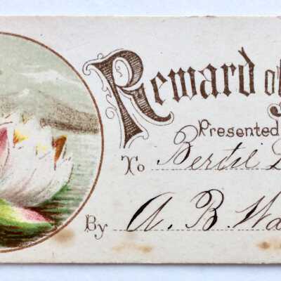 Reward of Merit Card presented to Herbert Linderman by teacher A. B. Ward, c. 1890