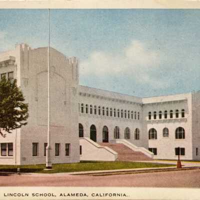 Photo-lithographic postcard of main facade Lincoln School, c. 1920s