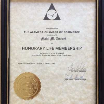 Mabel Tennant's Certificate honorary life membership Chamber of Commerce, 1969