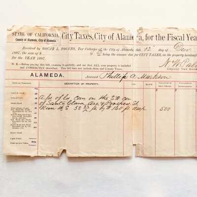 Property Tax Receipt, site West End Branch Alameda Free Library, 1887