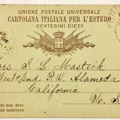 Postcards to Mrs. S. L. Mastick, West End P.O., from Italy, 1885