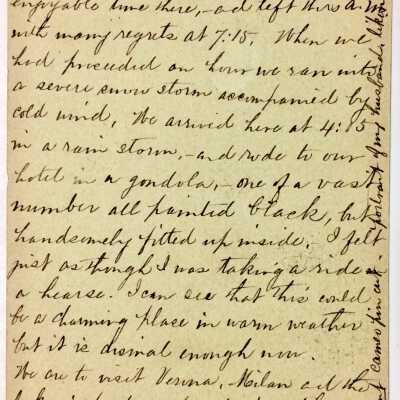 C back.: Transcription:
Grand Hotel Victoria, Venice, Mar. 24
Have had lovely weather all the time till now, and I have almost learned to love beautiful Florence, we had such an enjoyable time here,- and left this a.m. with many regrets at 7:15; When we had proceeded an hour we ran into a severe snow storm accompanied by cold wind, we arrived here at 4:45 in a rain storm, and rode to our & hotel in a gondola, one of a vast number all painted black, het handsomely fitted up inside, I felt just as though I was taking a ride in a hearse. I can see that this could be a charming place in warm weather but it is dismal enough now.
 We are to visit Verona, Milan and the Lakes; spend one day in Zurich then go direct to Paris where I hope to get a letter from you which I will answer without delay, telling you of my trip.
Love to dear Grandma  
Sincerely Yours, S. L. A. 
Have had an excellent cameo fine art portrait of my husband - likeness perfect