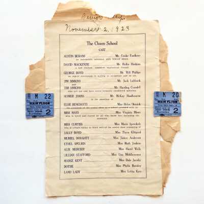 Program and ticket stubs, High School play 'The Charm School', 1923