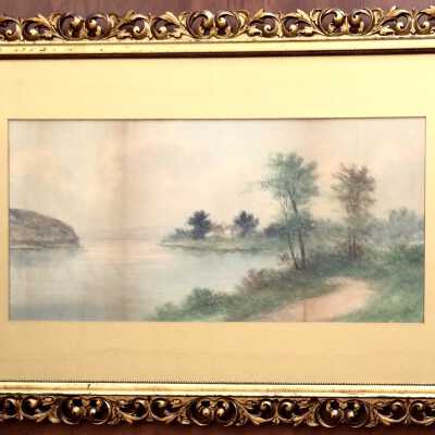 Watercolor of a lake scene, by Laird, late 1890s or early 1900s