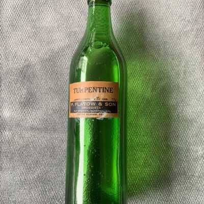 Green bottle of Turpentine, from P. Flatow & Son, Druggist, c, 1925