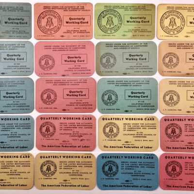Carpenters and Joiners Union Membership cards for Ernest Fenn, 1934-1941