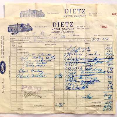 Receipts for Car Repairs, done at Dietz Motor Co., 1940