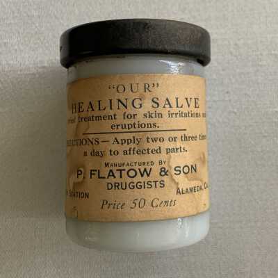 Jar containing 'Our Healing Salve' by P. Faltow & Son, Druggist, Bay Station, prior 1950