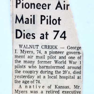 Clipping about pioneer pilot George I. Myers, c. 1966