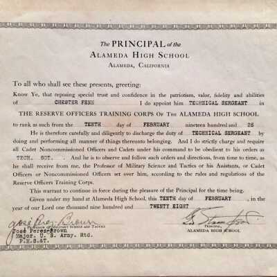 Certificate of appointment to AHS ROTC Technical Sergeant, 1928