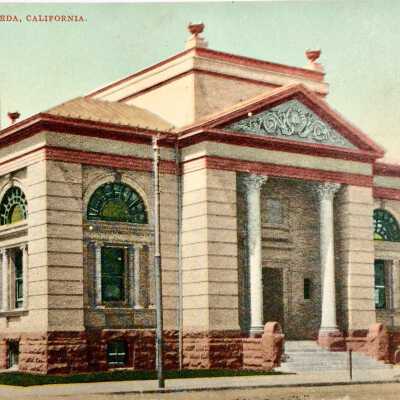 Postcard of main facade of Alameda Free Library, c. early 1900s