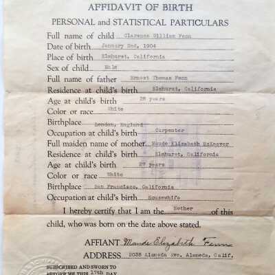 Affidavit of Birth for Clarence William Fenn, 1939