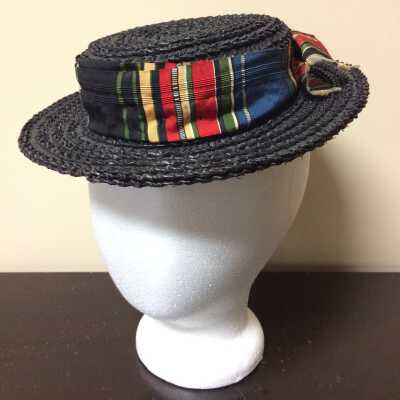 Navy blue straw boater hat with flat crown