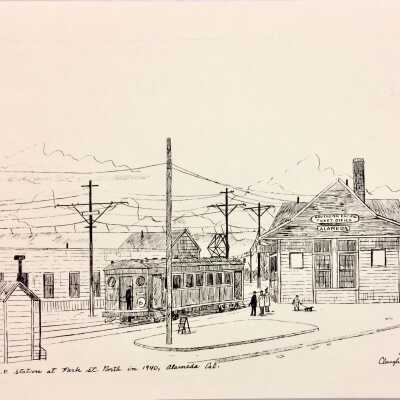 Drawing of the Southern Pacific Railroad Station, by Clough, Park Street, 1940