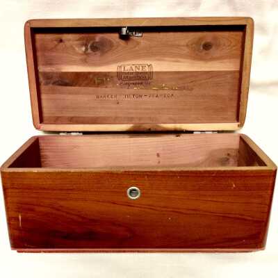 Cedar Chest advertising Barker Tilton furniture store, c. 1930s-1960s