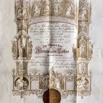 Baptismal certificate of Percy 'Pete' Kohlmoos, 1900