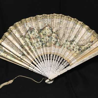 Japanese paper fan with white stays and gold & silver designs, c. 1912