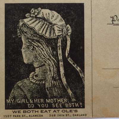 Mystery picture postcard advertising Ole's, prior 2006