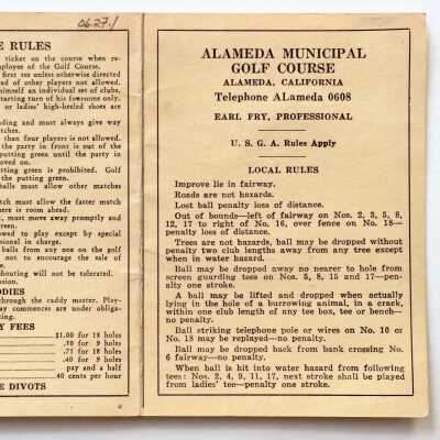 Rulebook and scorecard for the Municipal Golf Course, c. 1940