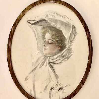 Print of a Harrison Fisher drawing in oval frame, 1904