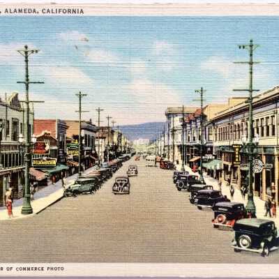 Lithograph postcard view of Park Street looking north from Alameda Ave, late 1930s