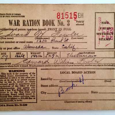 War Ration Book No. 3 of Edward W. Fowler, 1941-1945