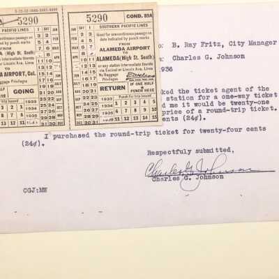 Round trip ticket to Alameda Airport and interoffice memo, 1936