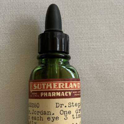 Bottle of eyedrops prescribed by Dr. Stephens, from Sutherland Pharmacy, 1948
