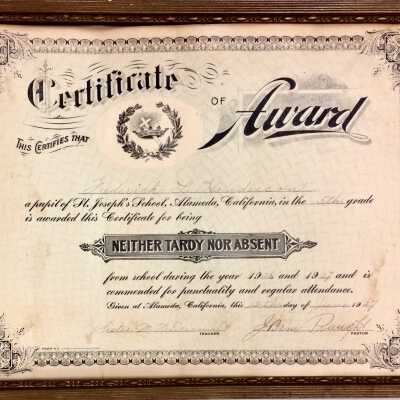 Certificate awarded F. L. Henderson, St. Joseph's, fifth grade, 1927