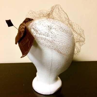 Evening brown velvet bow hat with veil, 1960