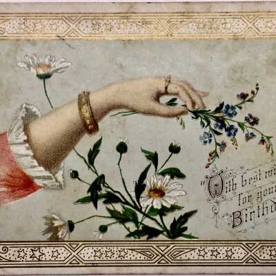 Victorian Birthday card with ladies holding flowers of E. Fenn, c. 1890