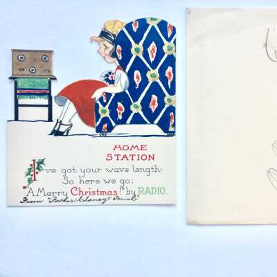 'Home Station' Christmas Greeting Card with girl with headphones, c. 1920s
