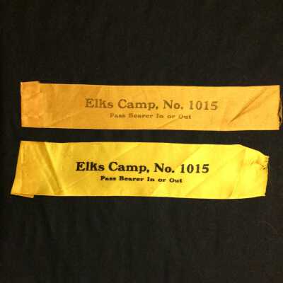 Gold colored silk worker's ribbons, Elks Camp No. 1015 Pass, 1906
