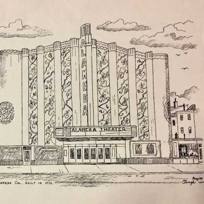 Drawing of Alameda Theatre, and reproduction, by Roger Clough, 1994