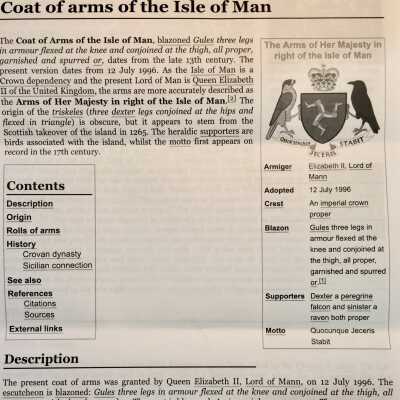 Printed pages describing coat of arms used by Manx Club, 2020