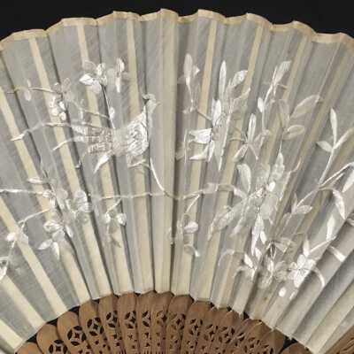 Oriental white raw silk embroidered fan used in Manila by A. T. Cox, c. 1917