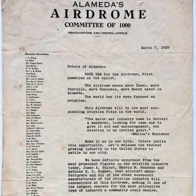Flyer on behalf of committee about establishing an airport, 1929