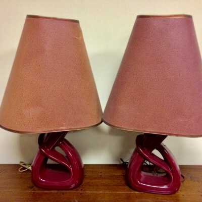 Pair of table lamps with wine-colored pottery bases, c. 1950s