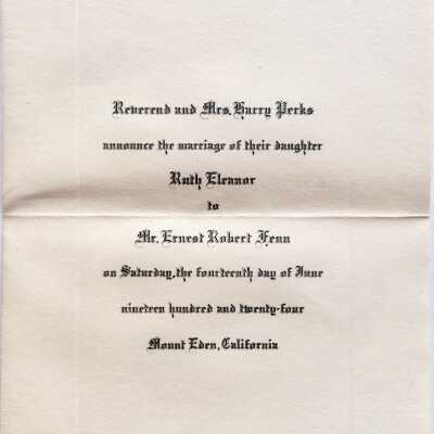 Invitation to wedding of Ruth Perks and Ernest Robert Fenn, 1924