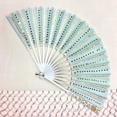 Blue Raw silk fan with silver & gold sequins and gold floral decorations, c. 1912