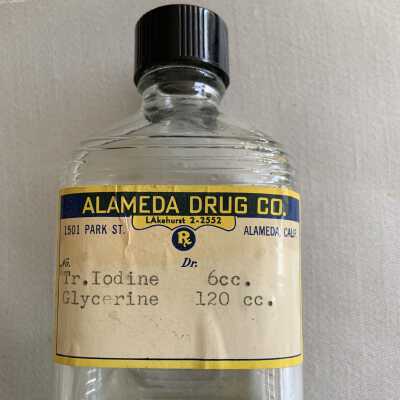Clear glass bottle of Tr. Iodine and Glycerine, from the Alamed Drug Co., c. 1950s